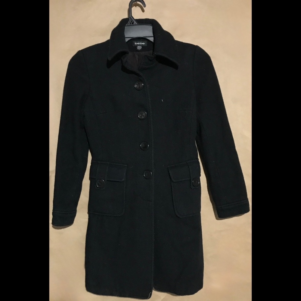 Bebe Vintage 90s Long Stylish Wool/Blend Trench Button Coat, Black, Size S